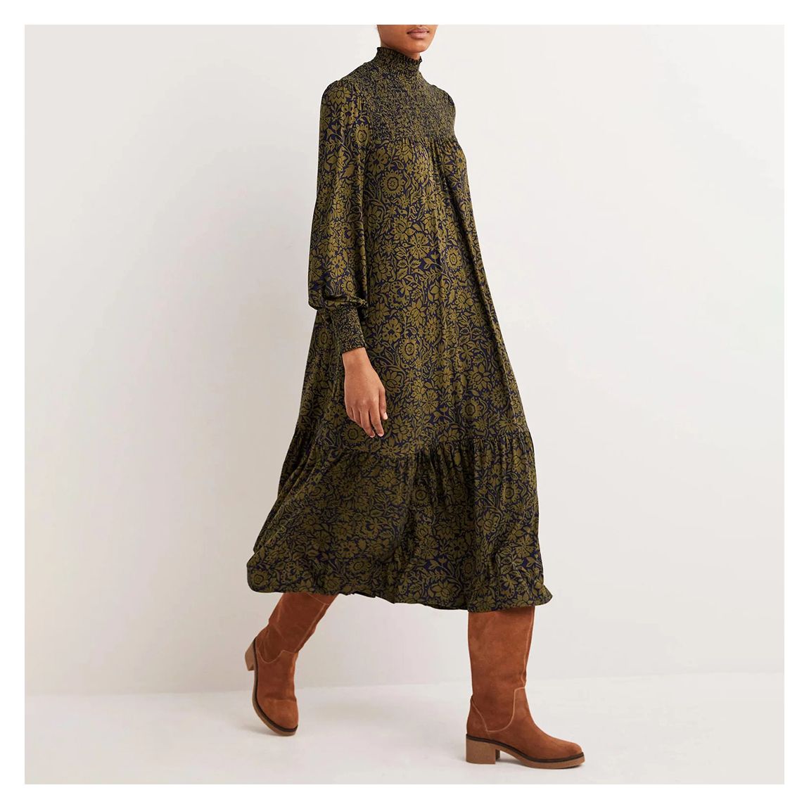 Khaki Floral High Neck Jersey Maxi Dress main product photo