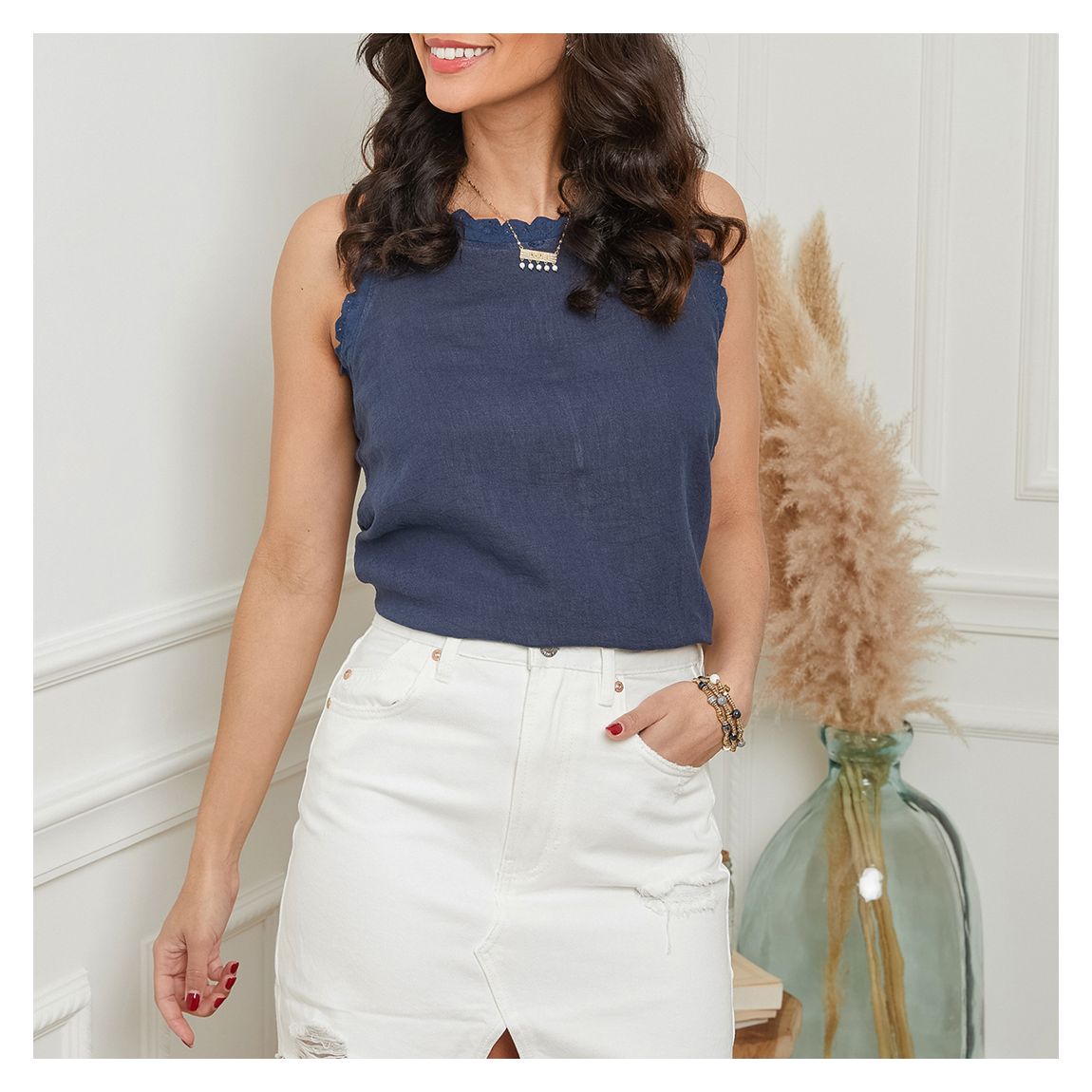 Navy Embroidered Linen Top main product photo