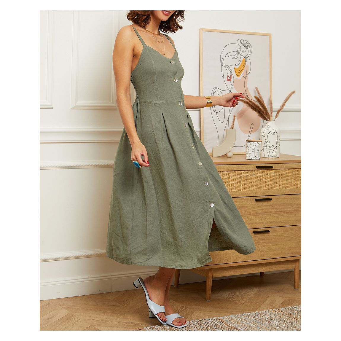 Khaki Sleeveless Linen Dress main product photo