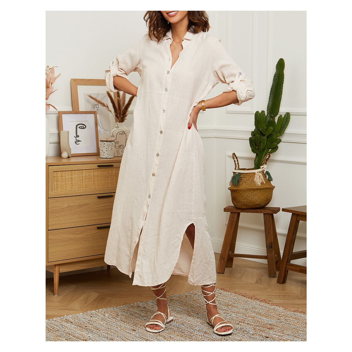 Light Pink Button Down Linen Maxi Dress main product photo