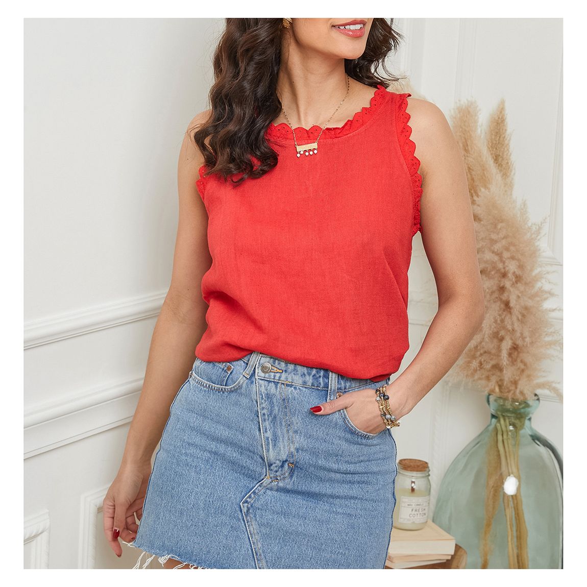 Red Embroidered Linen Top main product photo