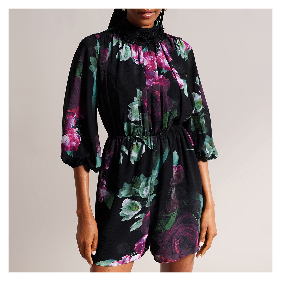Black Faelynn Gathered Playsuit main product photo