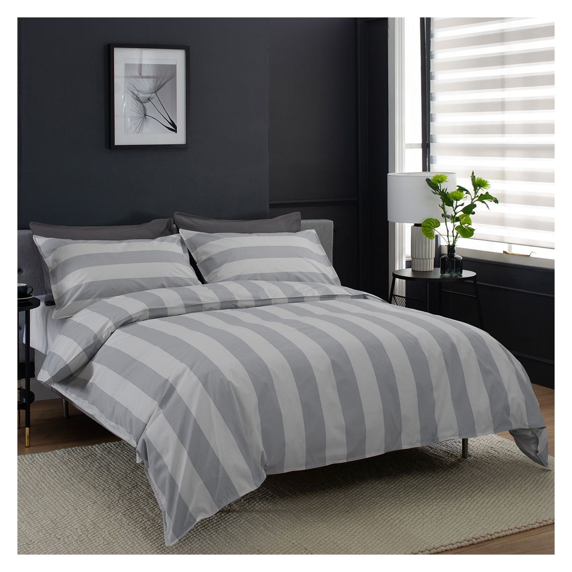 Wide Stripe Double Duvet Set, Grey main product photo