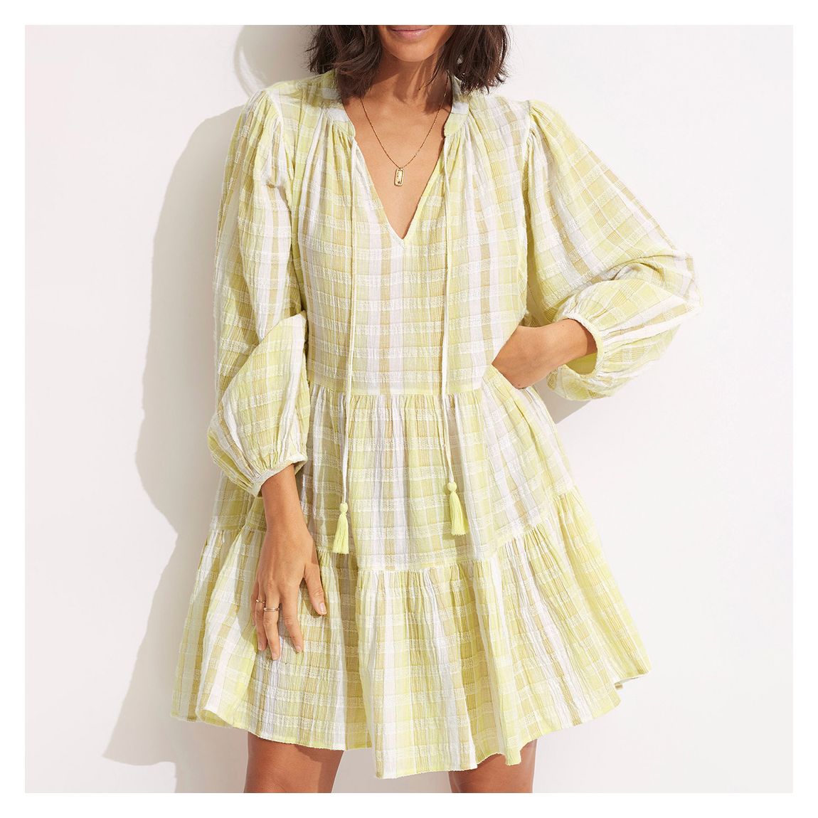 Lime Green Textured Gingham Tiered Dress main product photo