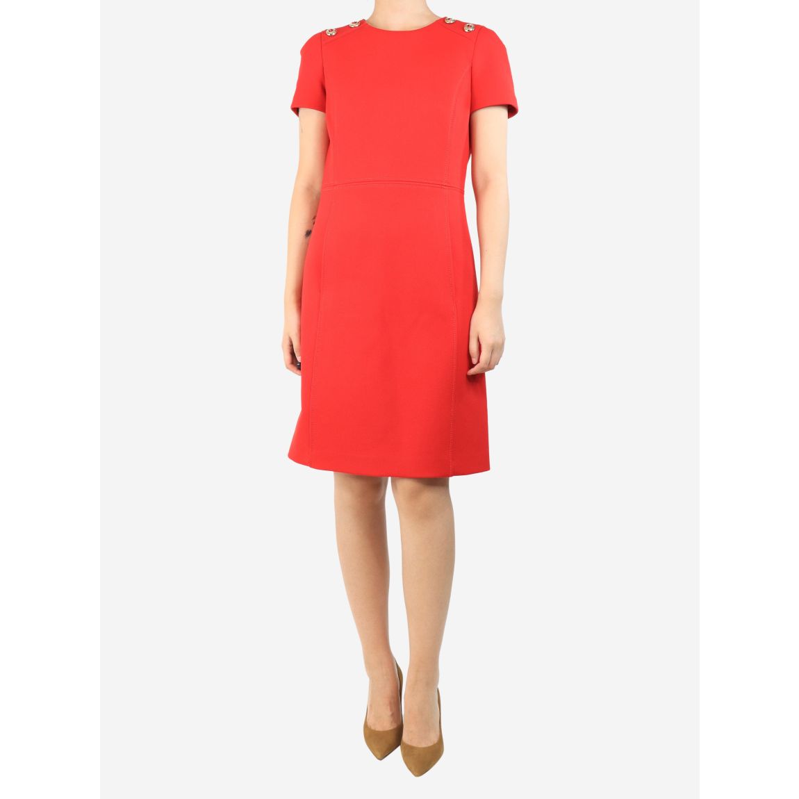Red midi dress with gold buttons main product photo