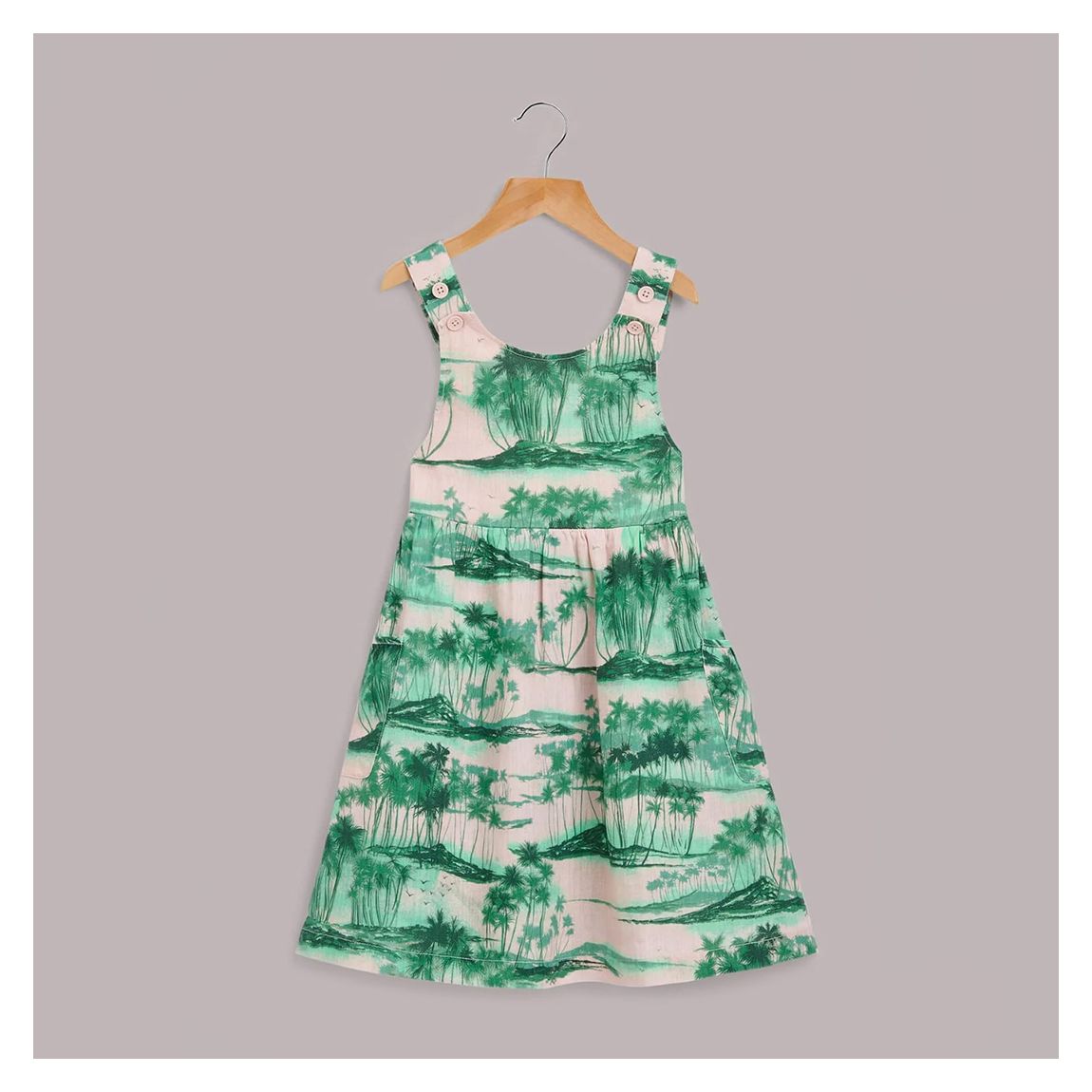 Pink/Green Palm Print Poppy Linen Blend Dress main product photo