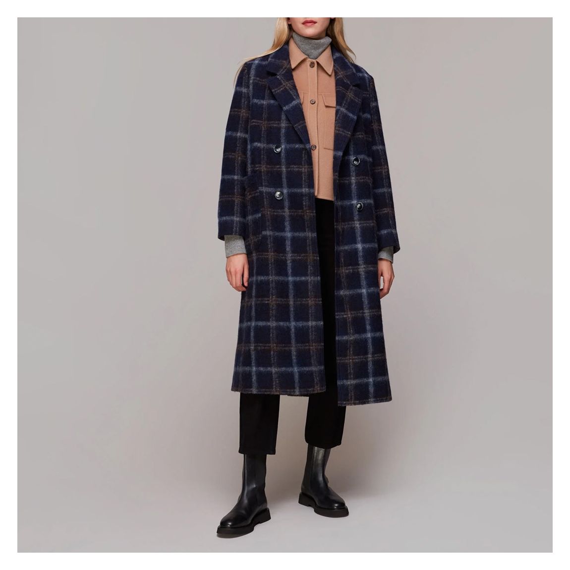 Navy Wool Double Breasted Check Coat main product photo