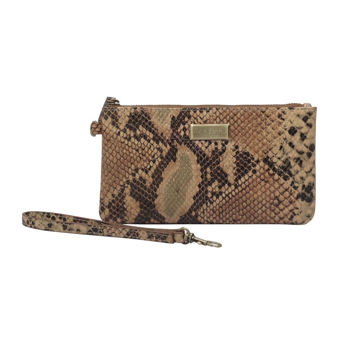 'KAREN' Tan Snake Print Real Leather Wristlet Clutch Bag main product photo