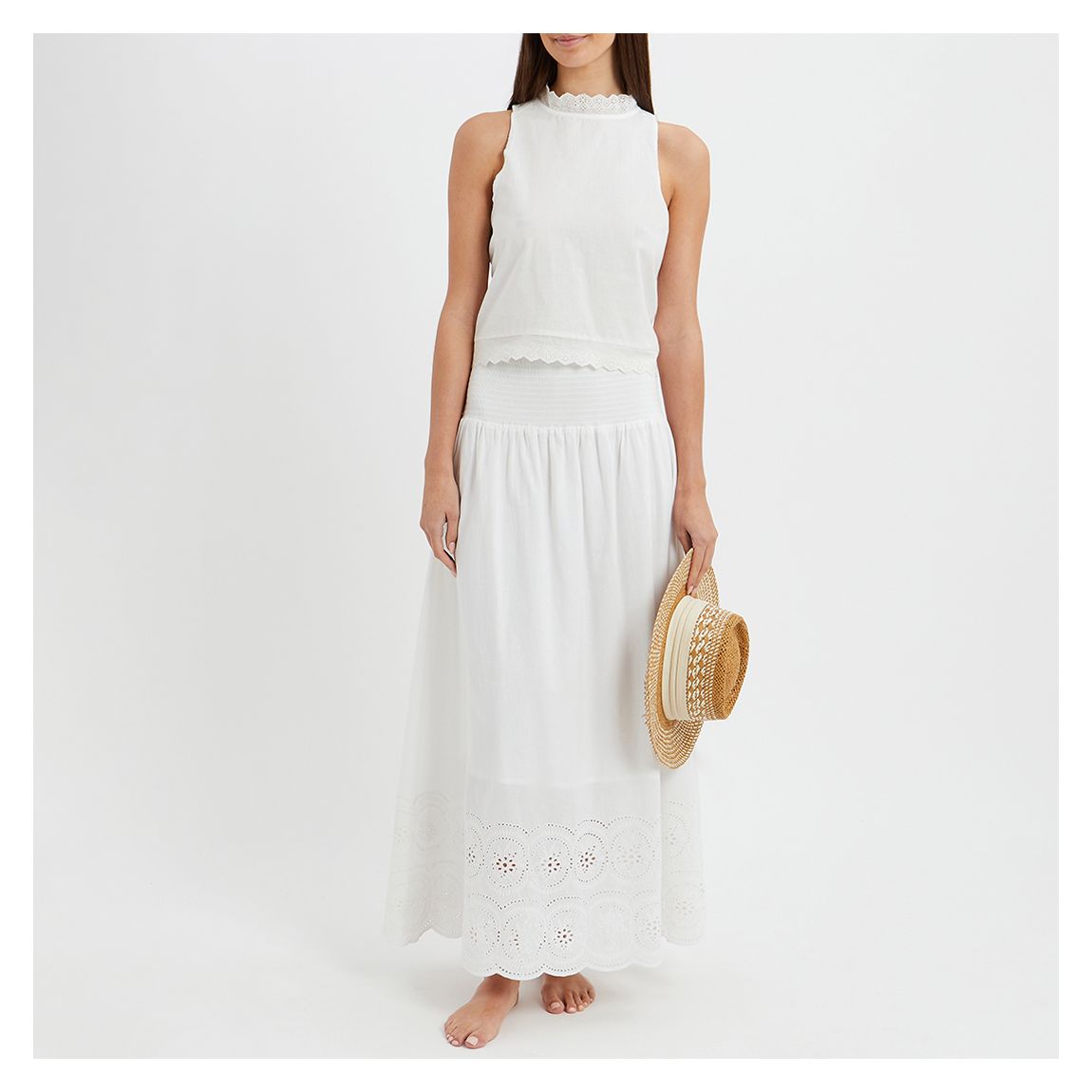 White Cotton Broderie Anglaise Maxi Skirt main product photo