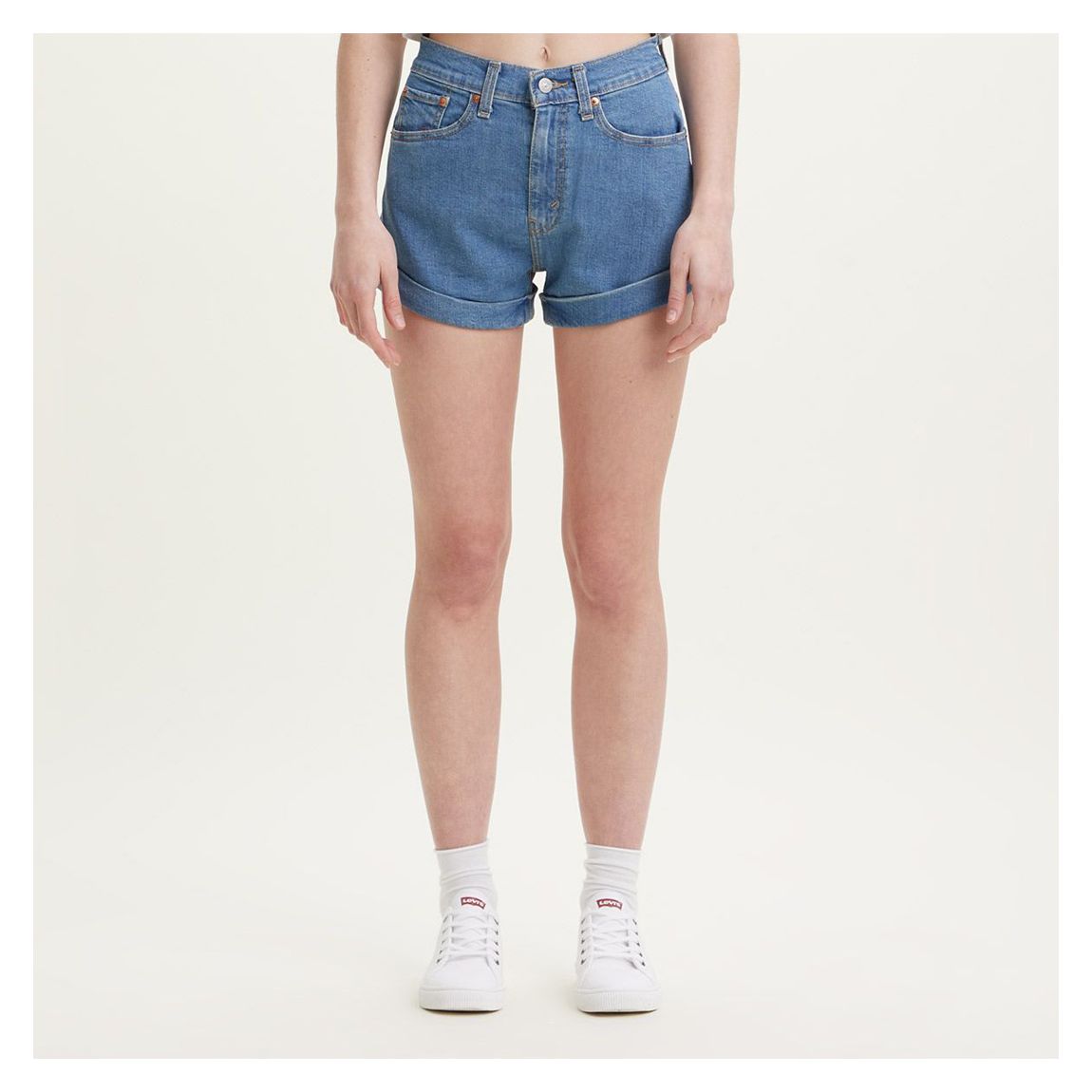 Mid Blue Mom Denim Stretch Shorts main product photo