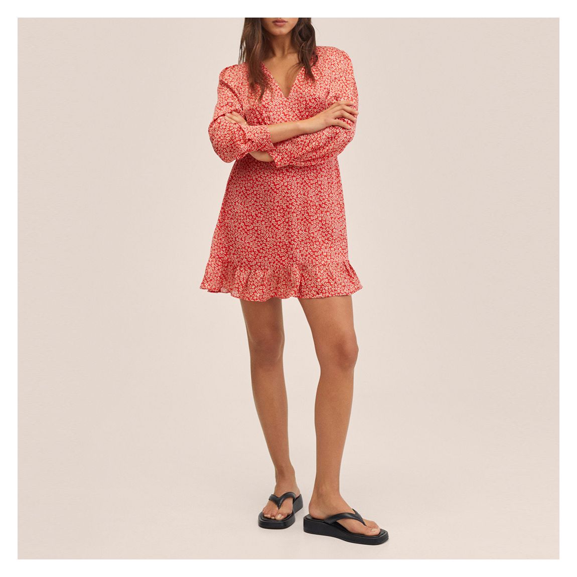 Red Printed Balloon Sleeve Dress main product photo