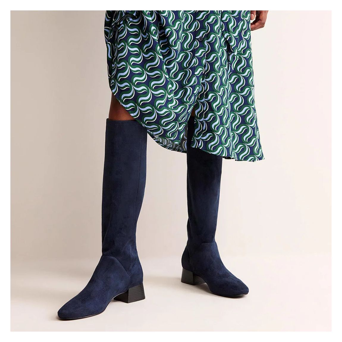 Navy Cara Flat Leather Knee Boots main product photo