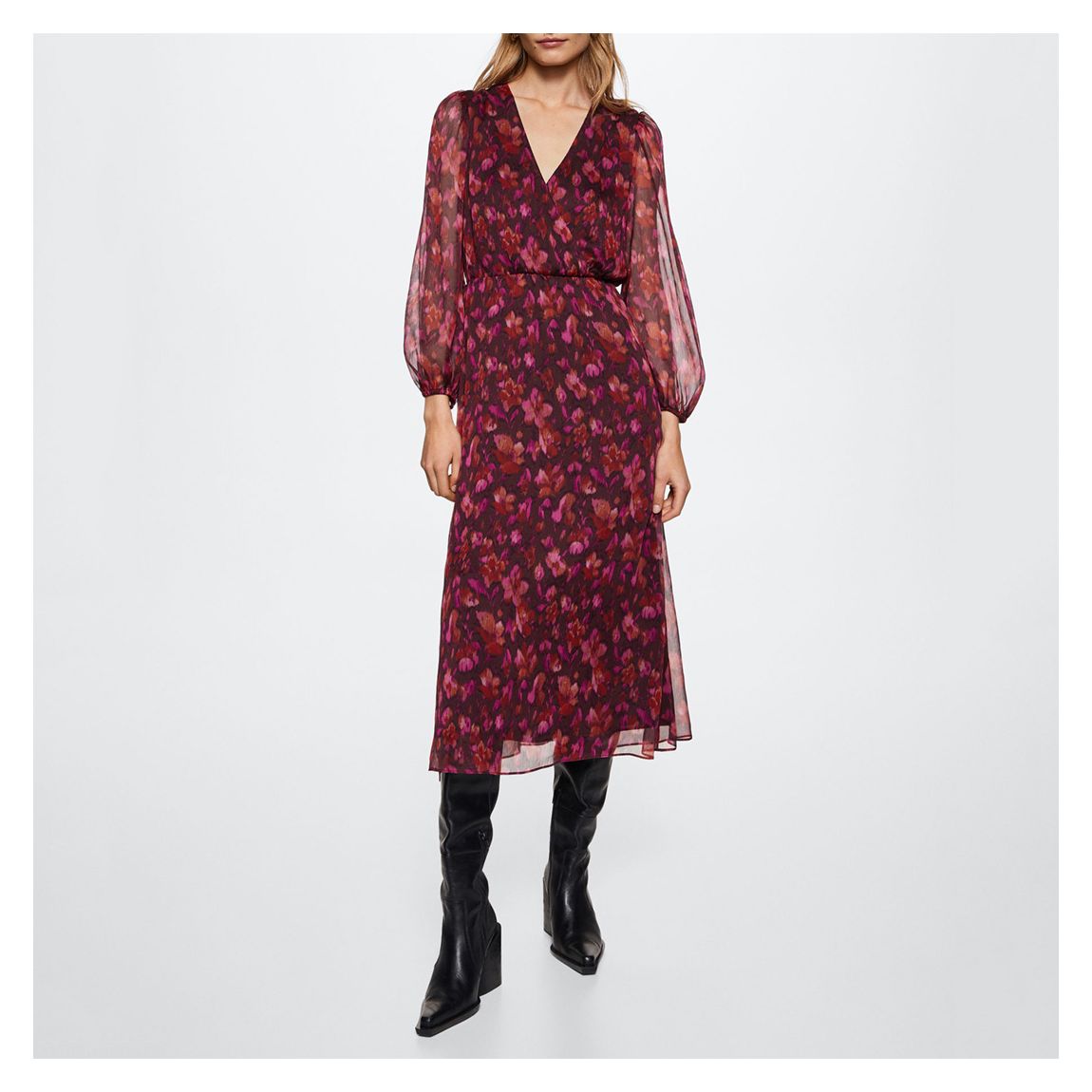 Burgundy Flowy Flower Printed Dress main product photo