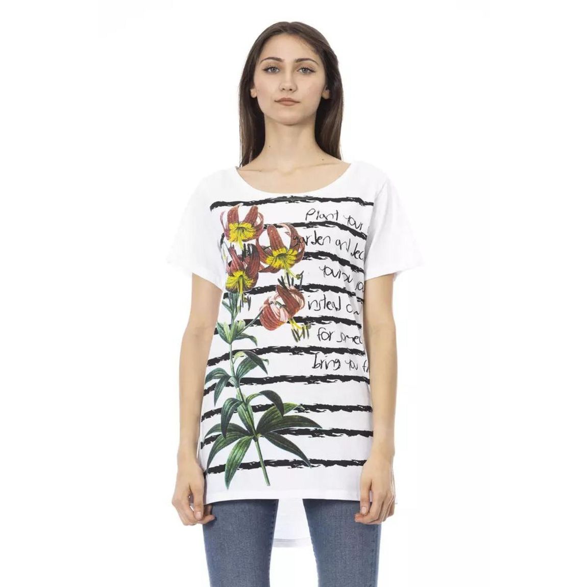 Floral Lily Print TShirt Relaxed Fit Wo - White T-Shirts main product photo