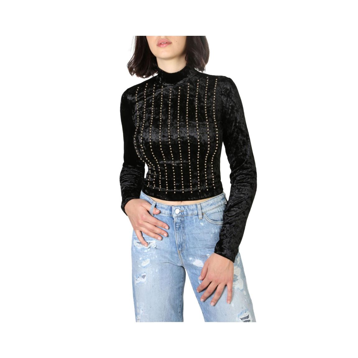 Velvet Top Mock Neck Long Sleeve Wo - Black Sweaters main product photo