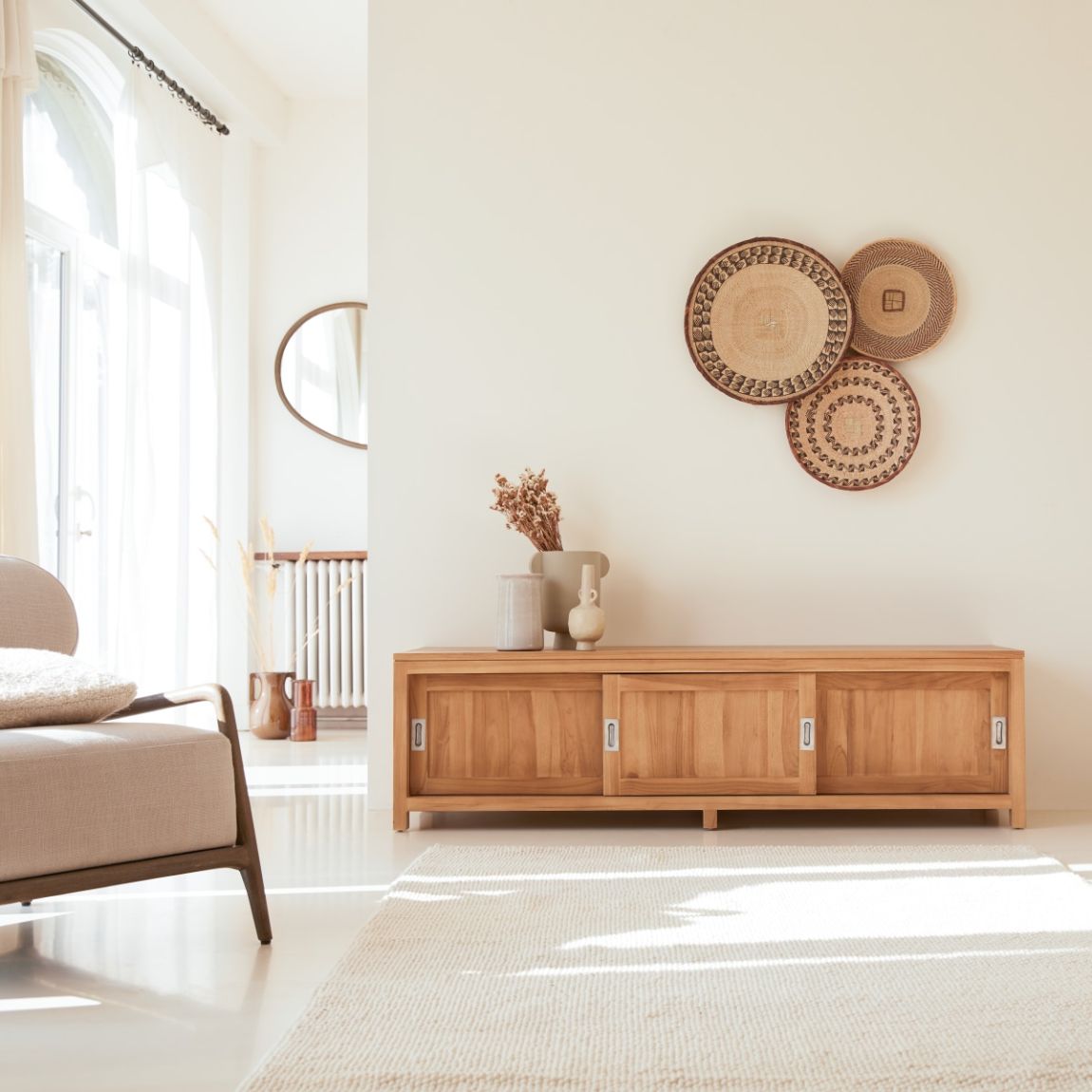 Coffee Tek - Solid Teak Wood TV Hi-fi Stand Sideboard Storage Sliding Doors Living Room main product photo