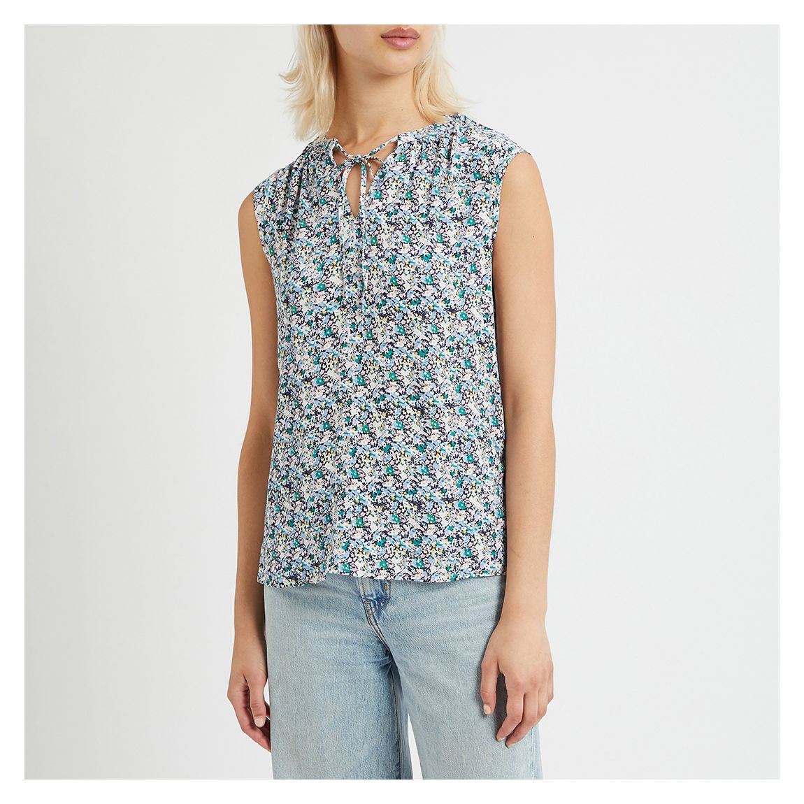 Blue Cotton Tie Neck Blouse main product photo