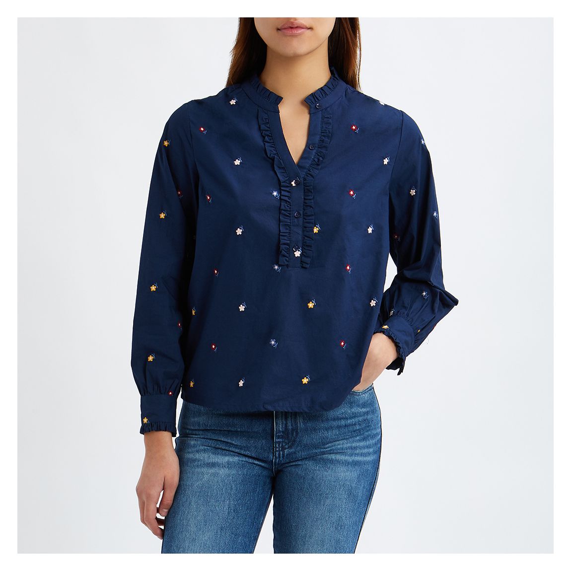 Navy Embroidered Frill Blouse main product photo