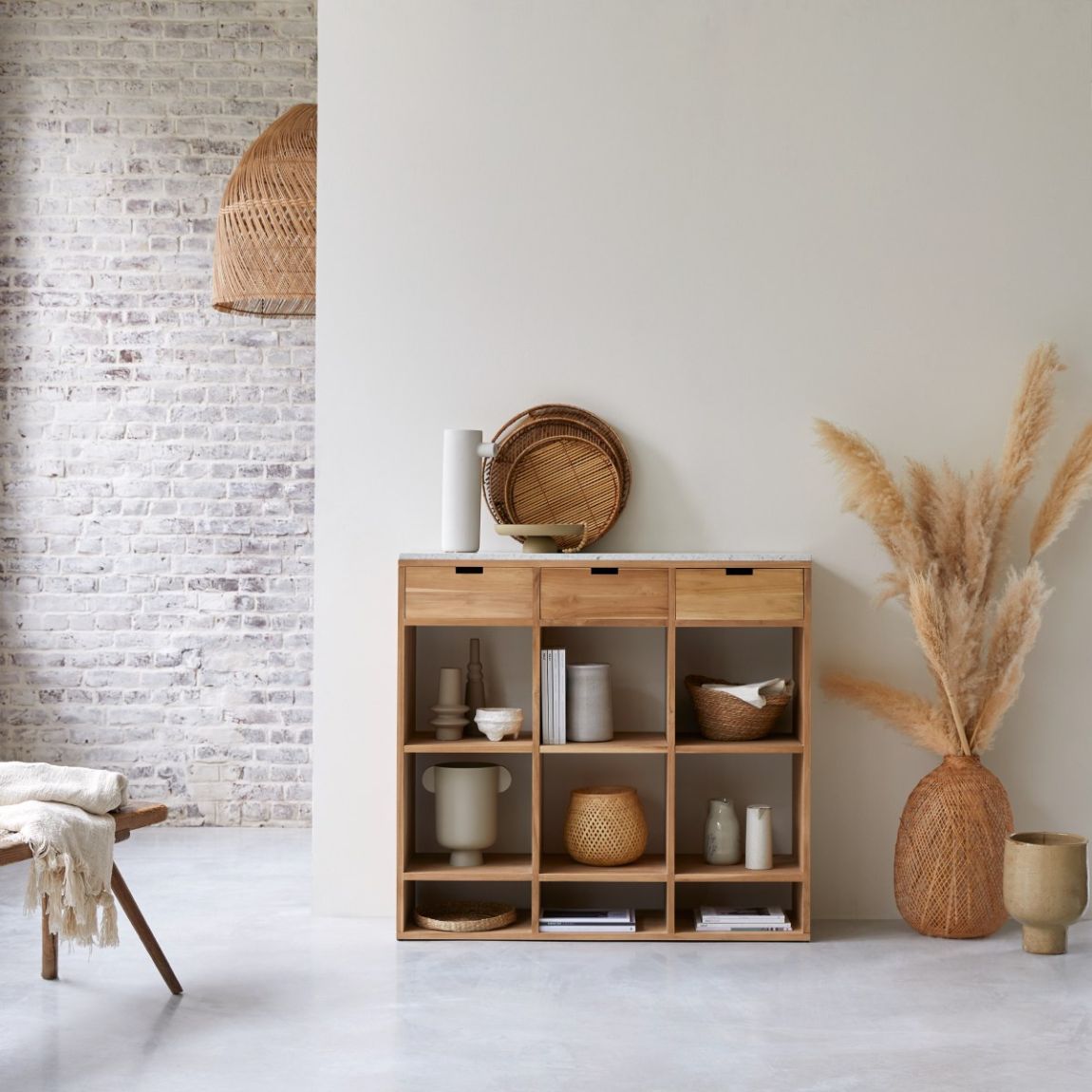 Miho - Low solid teak bookcase with premium white terrazzo main product photo