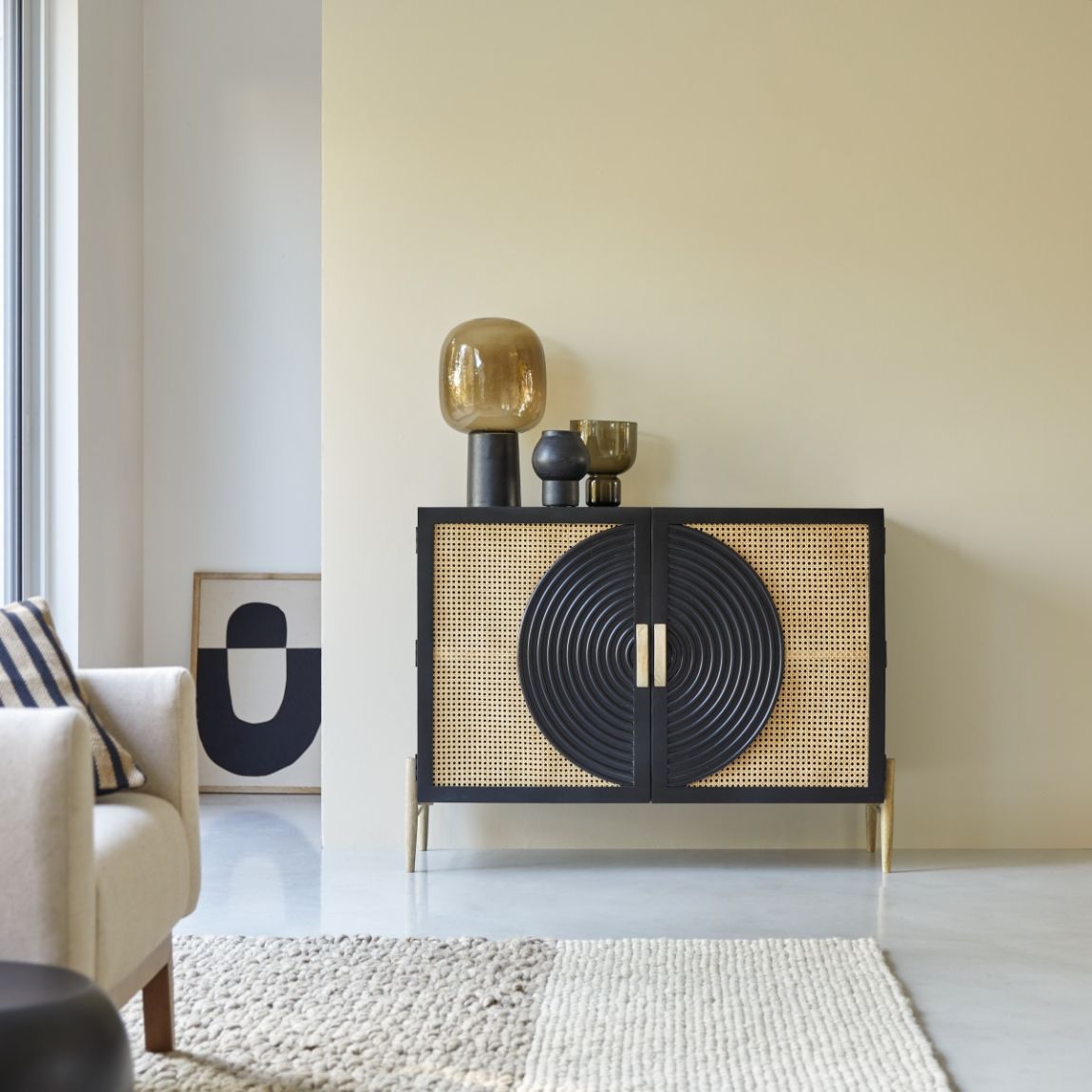 Sina - Sideboard in black solid mango wood and rattan – 115 cm main product photo