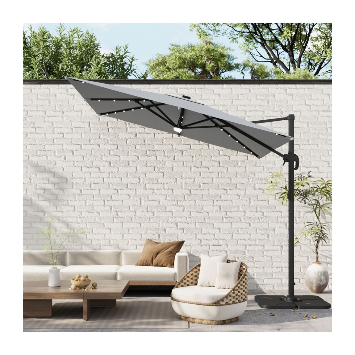 Square Cantilever Parasol with Solar Light and HDPE Parasol Base 297cm - Grey main product photo