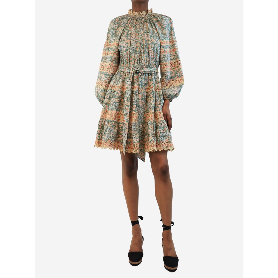 Green belted floral mini dress main product photo