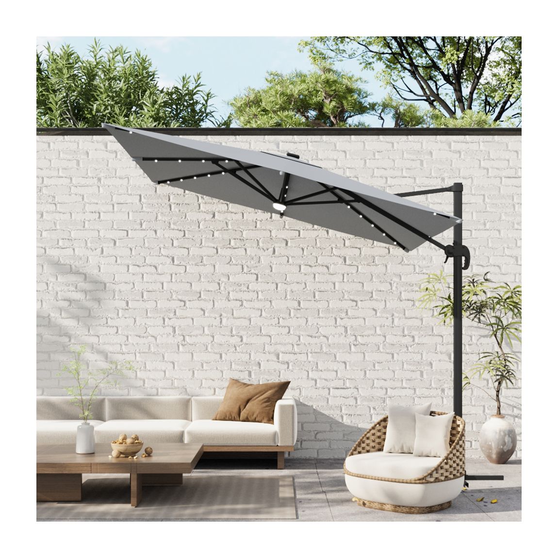 Square Cantilever Parasol with Solar-Powered LED Lights 297cm - Grey main product photo