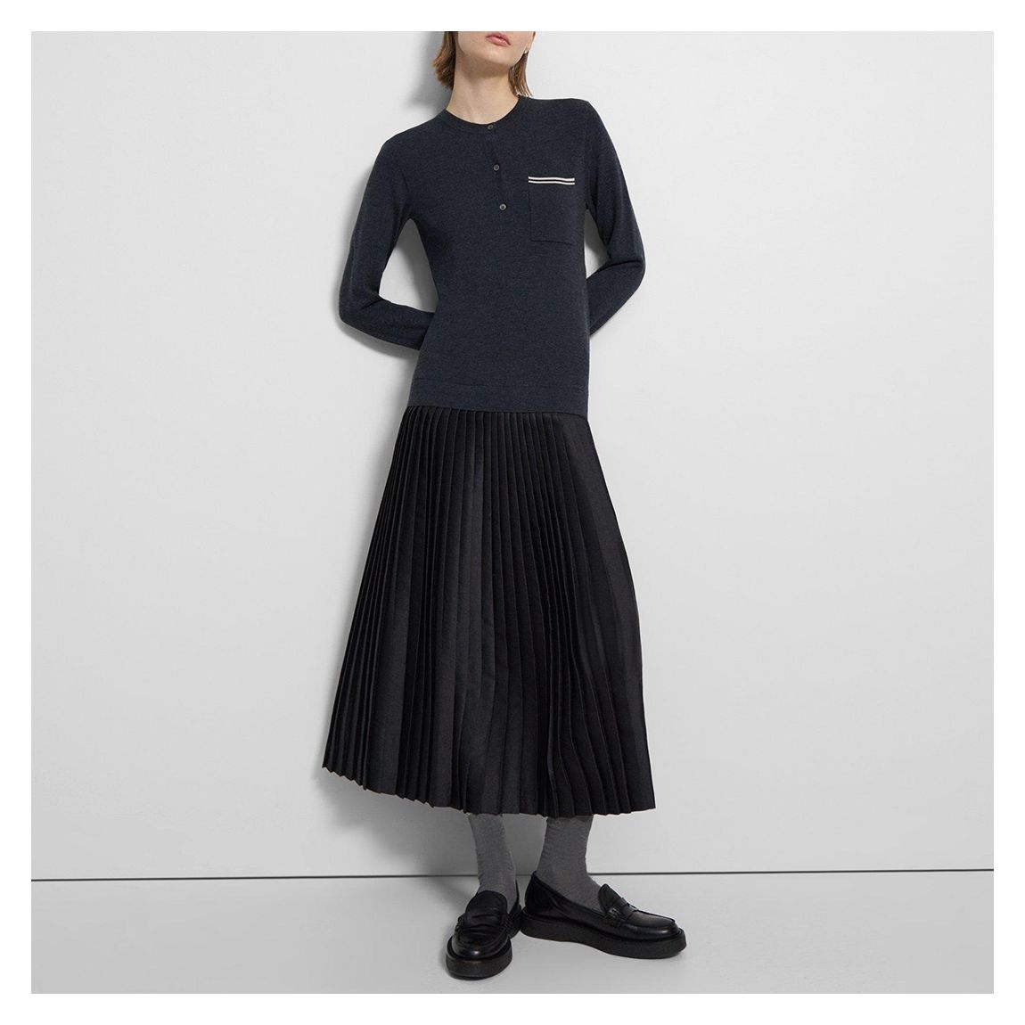 Navy Pleated Midi Merino Wool Dress main product photo