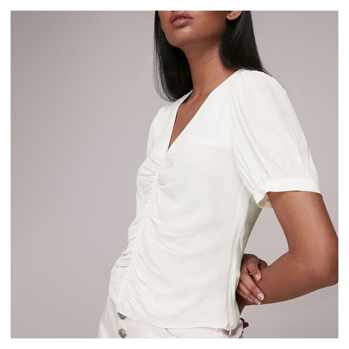 White V-Neck Gather Detail Top main product photo