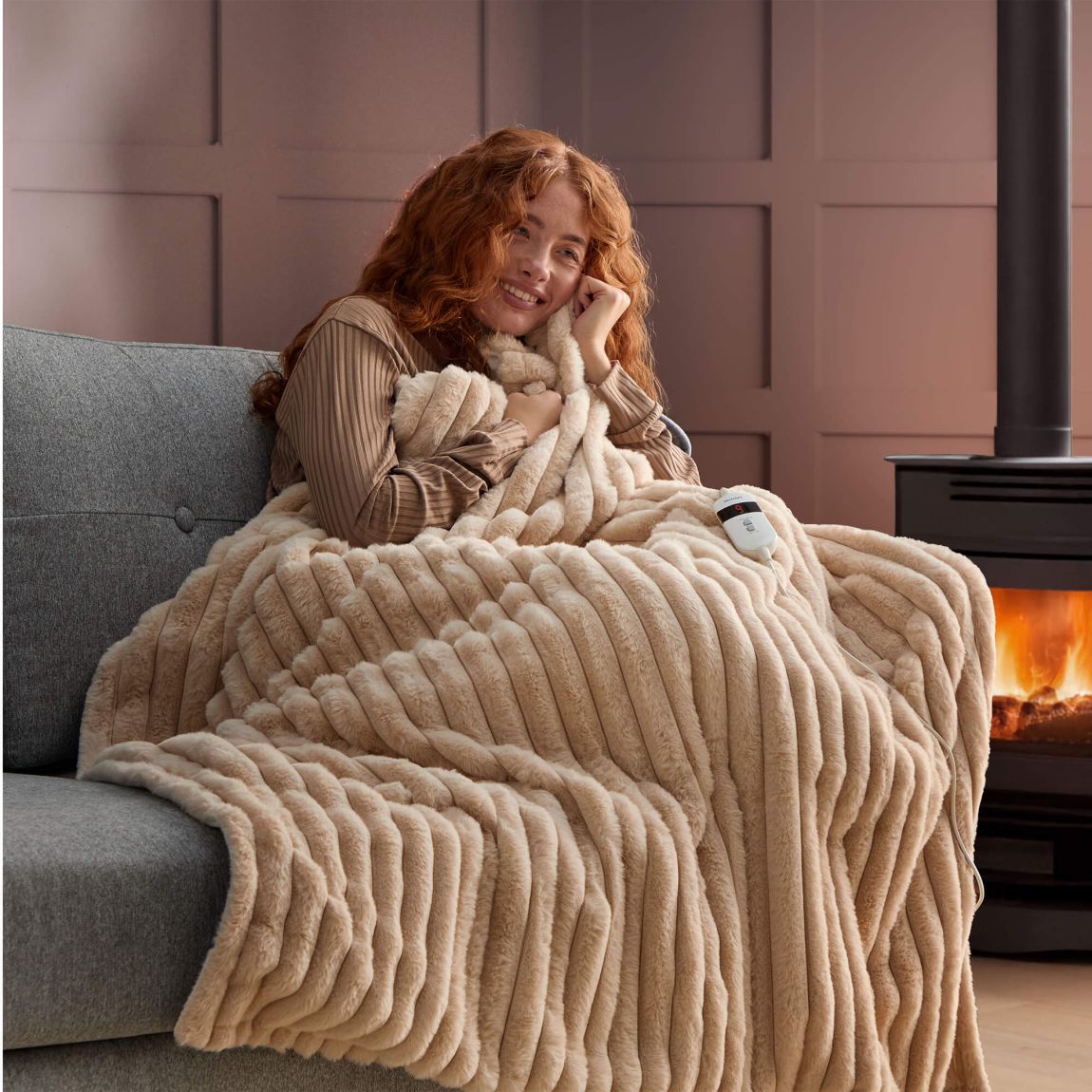 Silentnight Luxury Ribbed Faux Fur Heated Throw - Natural main product photo
