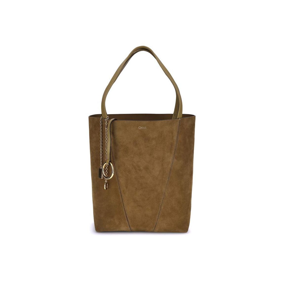 Suede Tote Bag with Leather Handles and Pendant Chain Wo - Brown main product photo