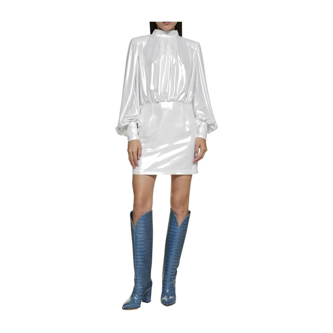 Laminated Mini Dress with Puff Sleeves and Side Zip Closure Wo - main product photo