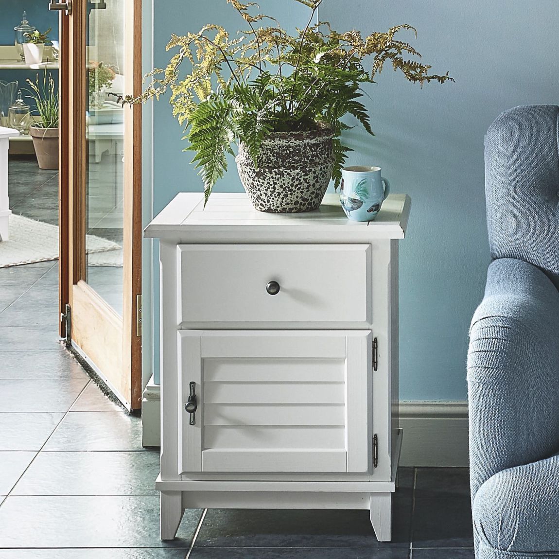 Devon White 1 Door 1 Drawer Louvered Bedside Cabinet R/H main product photo
