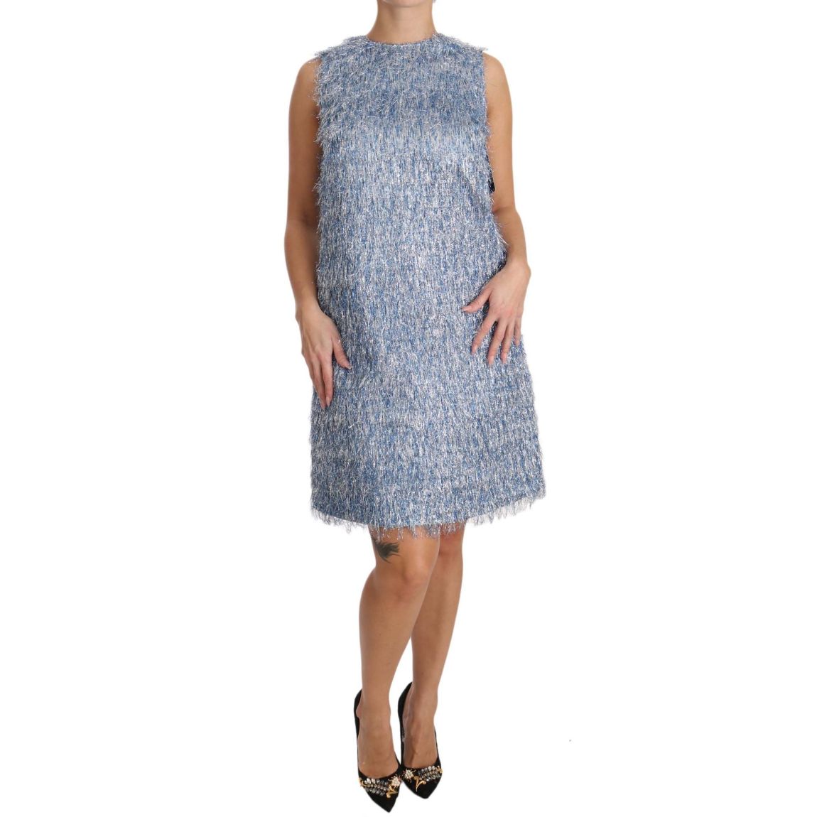 Metallic Fringe Mini Dress Sleeveless ALine Wo - Light Blue Dresses main product photo
