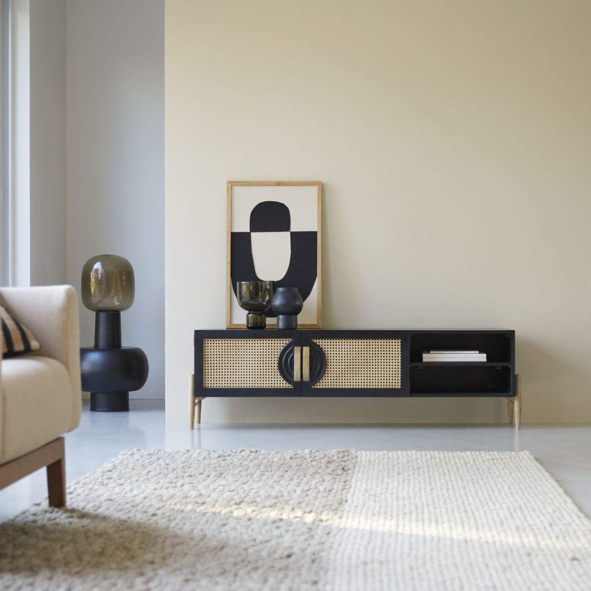 Sina - TV unit in black solid mango wood and rattan – 145 cm main product photo