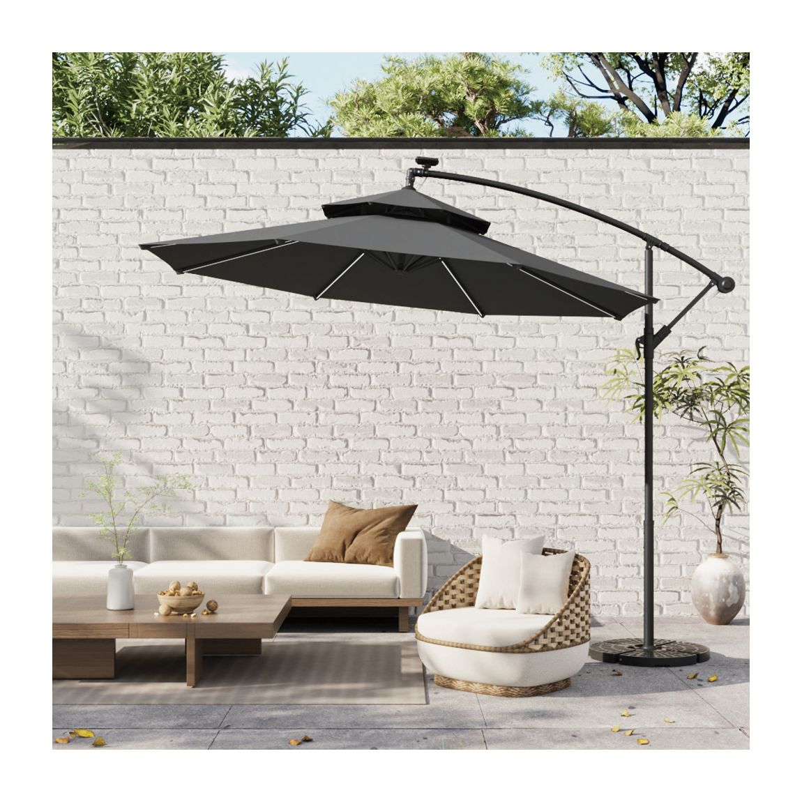 Double-Top Lighted Cantilever Parasol with HDPE Parasol Base 291cm - Dark Grey main product photo