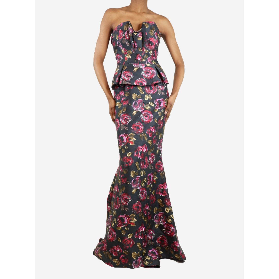 Multicoloured strapless rose print gown main product photo