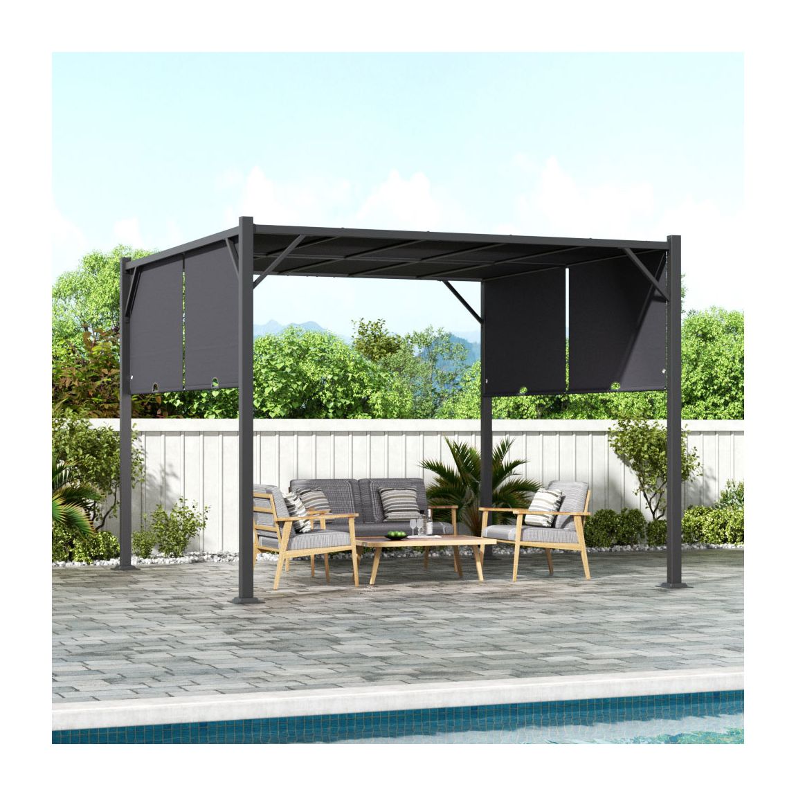 292cm Outdoor Retractable Steel Pergola with Canopy - Black main product photo