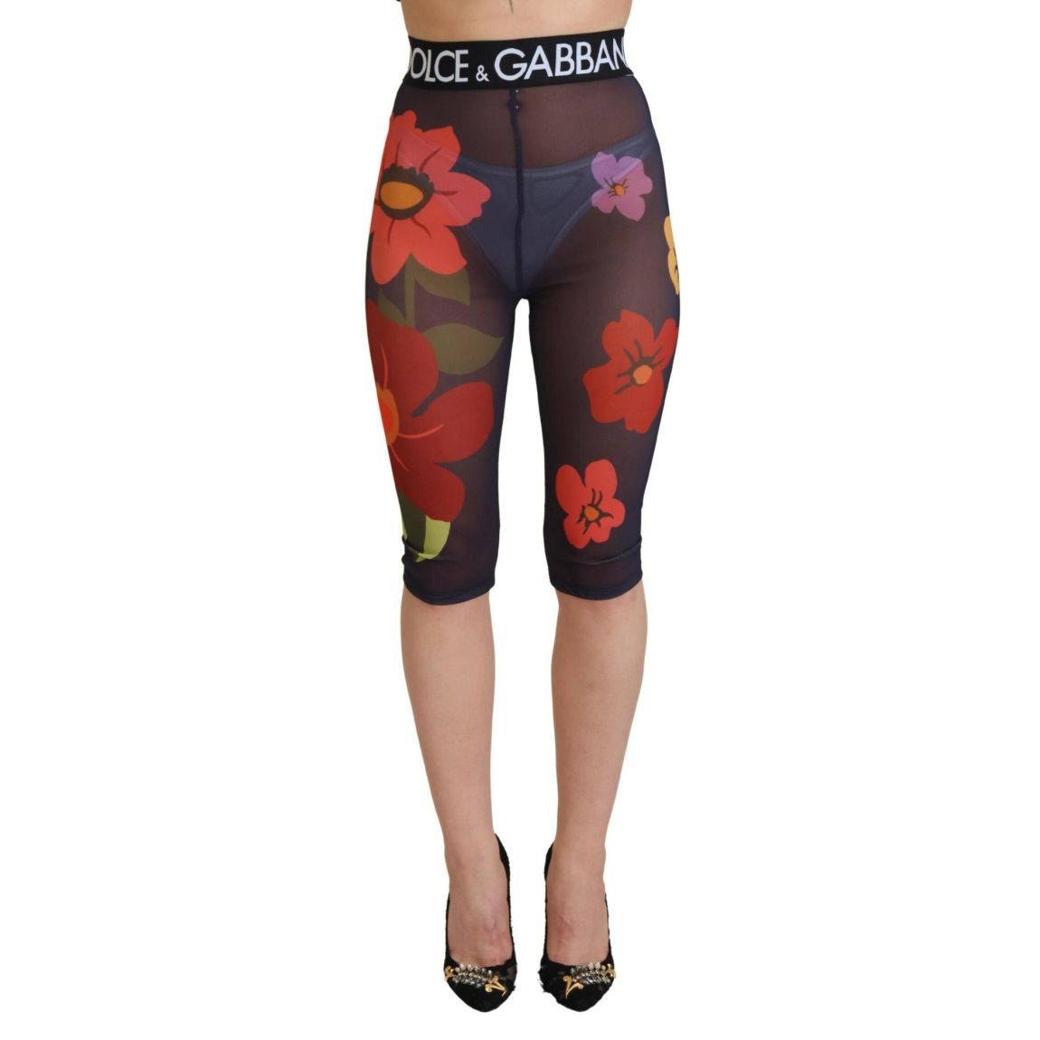 Floral Mesh Leggings Cropped Style Wo - Black Jeans main product photo