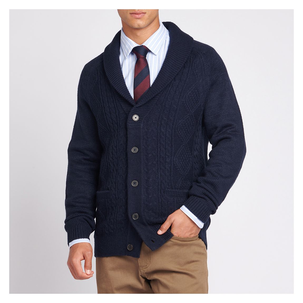 Navy Aran Cable Knit Cardigan main product photo