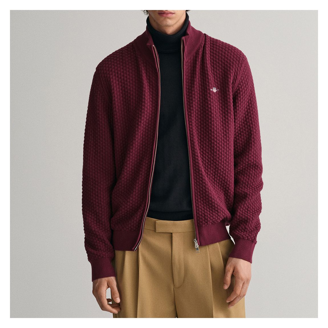 Burgundy Textured Cotton Zipped Cardigan main product photo