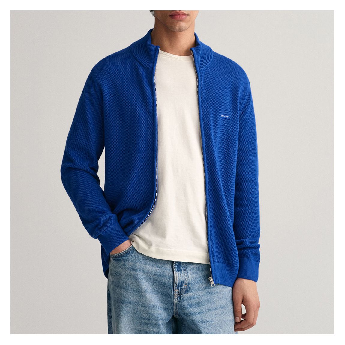 Blue Pique Zip Cotton Cardigan main product photo