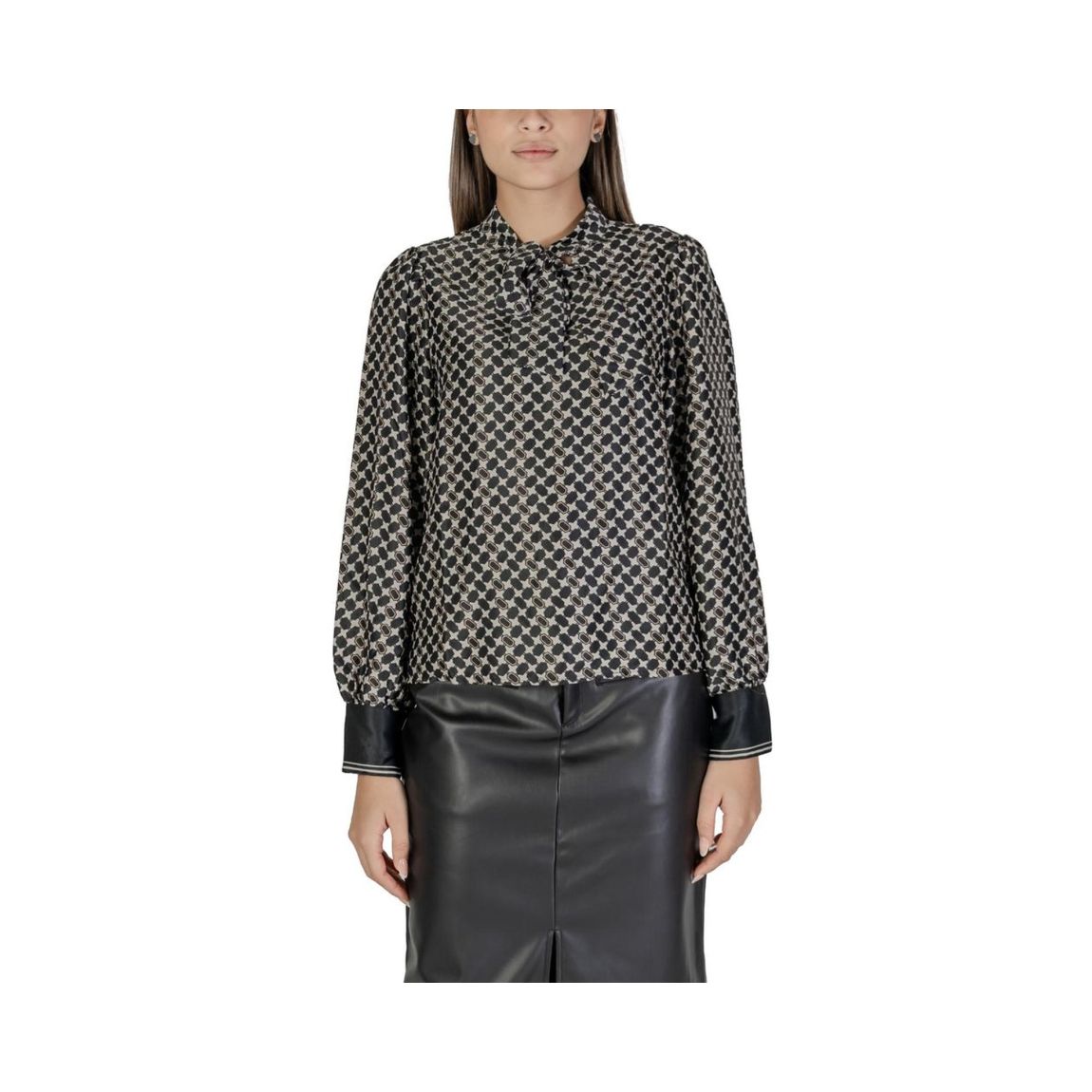 Geometric Print Blouse Long Sleeve High Neck Wo - Black Shirts main product photo