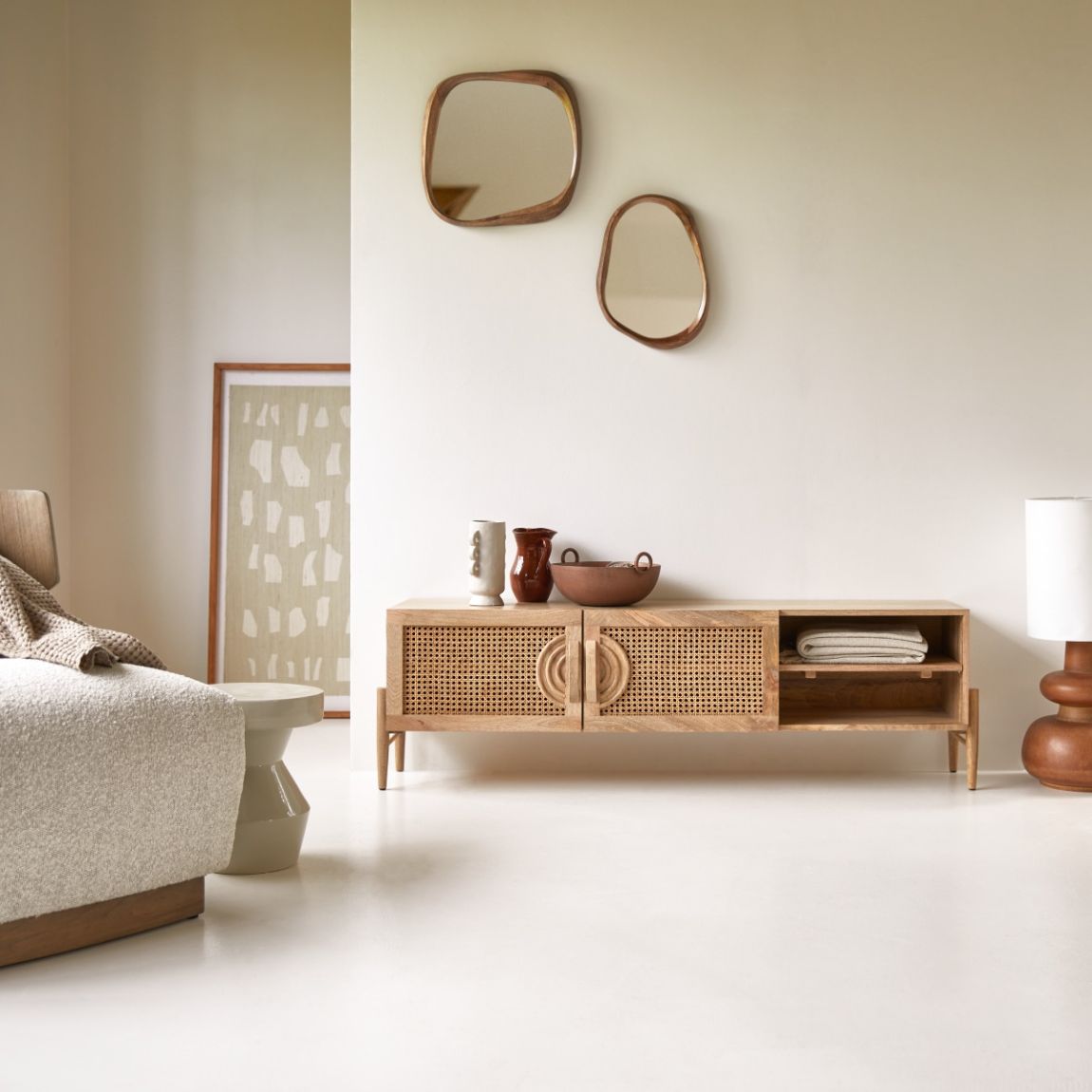 Sina - TV unit in solid mango wood and rattan 145 cm main product photo