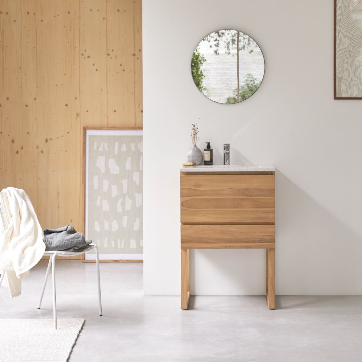 Edgar - Solid teak and moon terrazzo bathroom cabinet - 60 cm main product photo