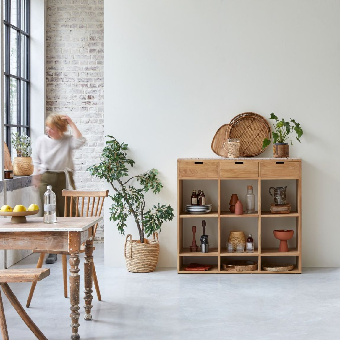 Miho - Low solid teak bookcase with premium pink terrazzo main product photo