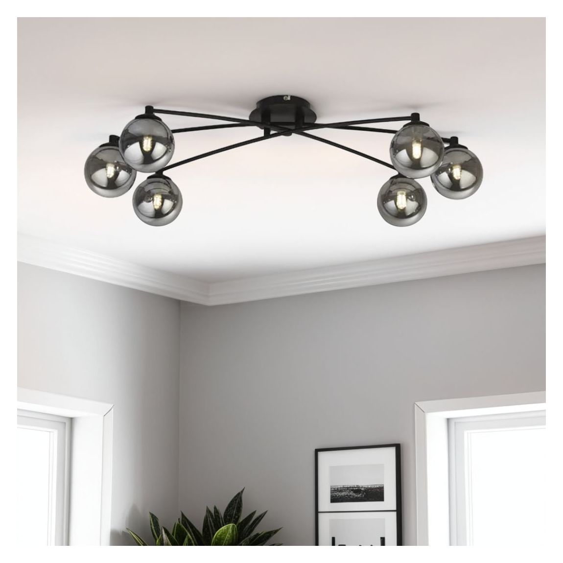 Navarro Flush 6 Light Black Ceiling Light with Smoked Glass main product photo
