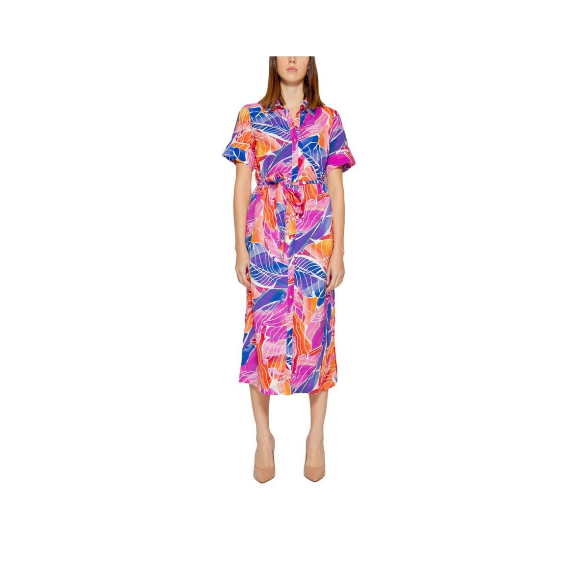 Printed Midi Shirt Dress Relaxed Fit Wo - Multicolor Dresses main product photo