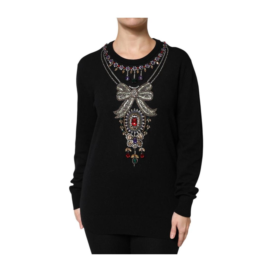 Embellished Jewel Neck Pullover Sweater Wo - Black main product photo