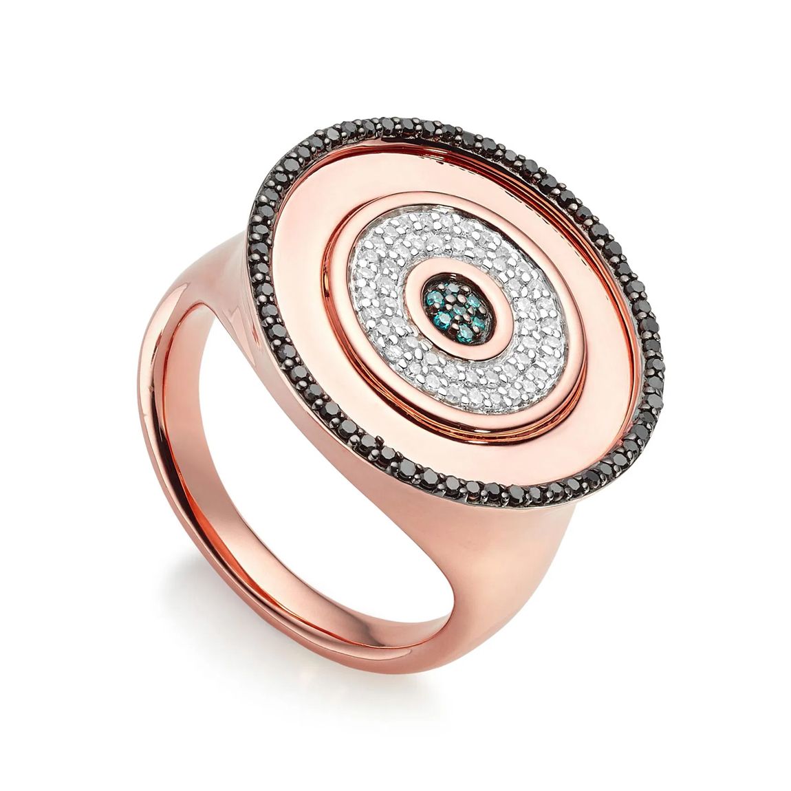 Rose Gold Vermeil Evil Eye Disc Cocktail Ring - Black Blue and White Diamonds main product photo